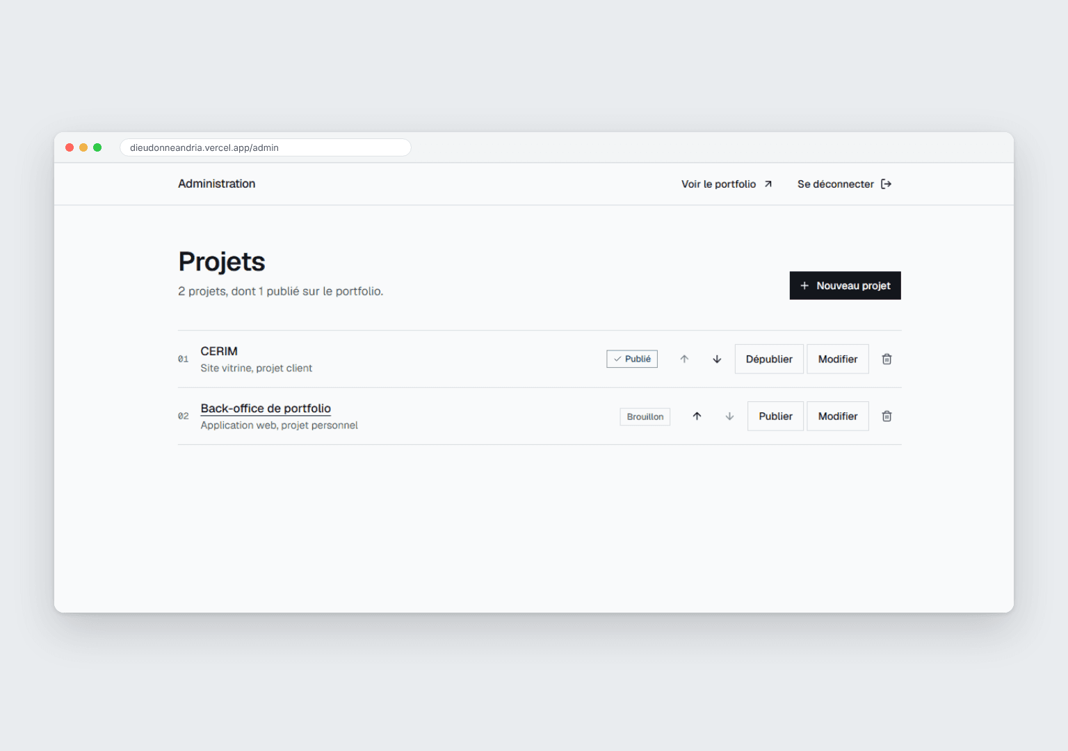 Capture 2 du projet Back-office de portfolio